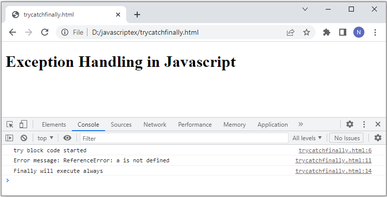 javascript try catch finally